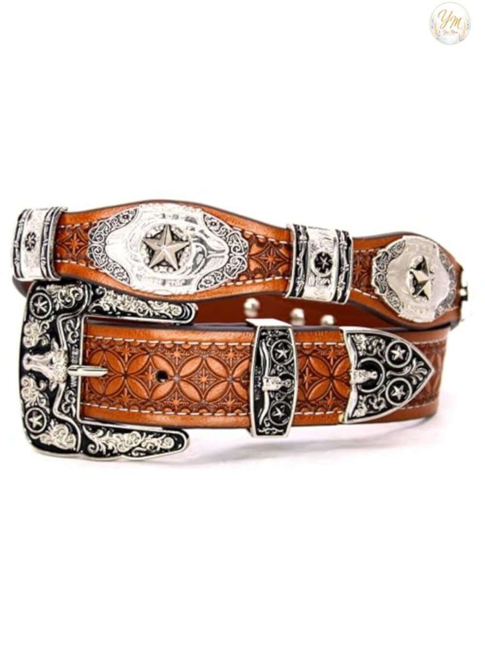 Men's Western Leather Concho Belt with Star Buckle - Rodeo Cowboy Belt